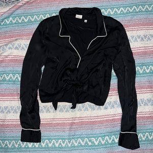 Aritzia Wilfred black satin long-sleeved blouse with white trim
